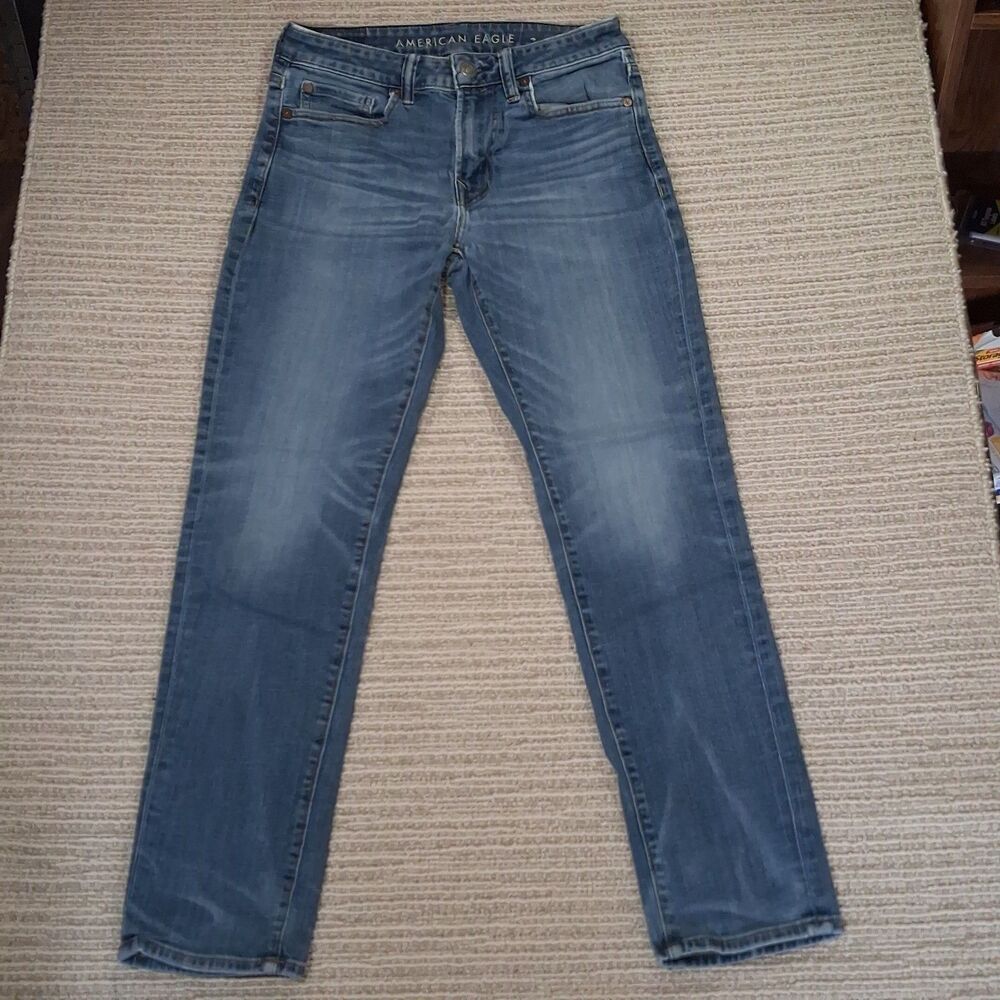 AMERICAN EAGLE JEANS MENS 28X30 FLEX SLIM STRAIGHT BLUE DENIM WASH PANTS CASUAL